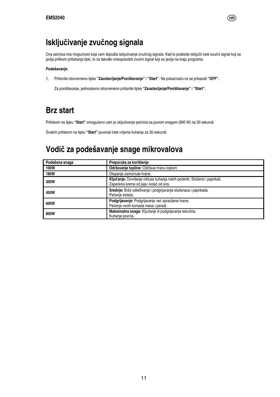 Isklju č ivanje zvu č nog signala, Brz start, Vodi č za podešavanje snage mikrovalova | Electrolux EMS2040 User Manual | Page 54 / 191