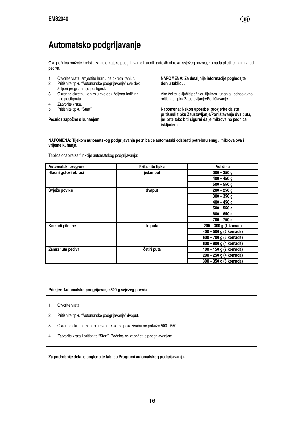 Automatsko podgrijavanje | Electrolux EMS2040 User Manual | Page 59 / 191