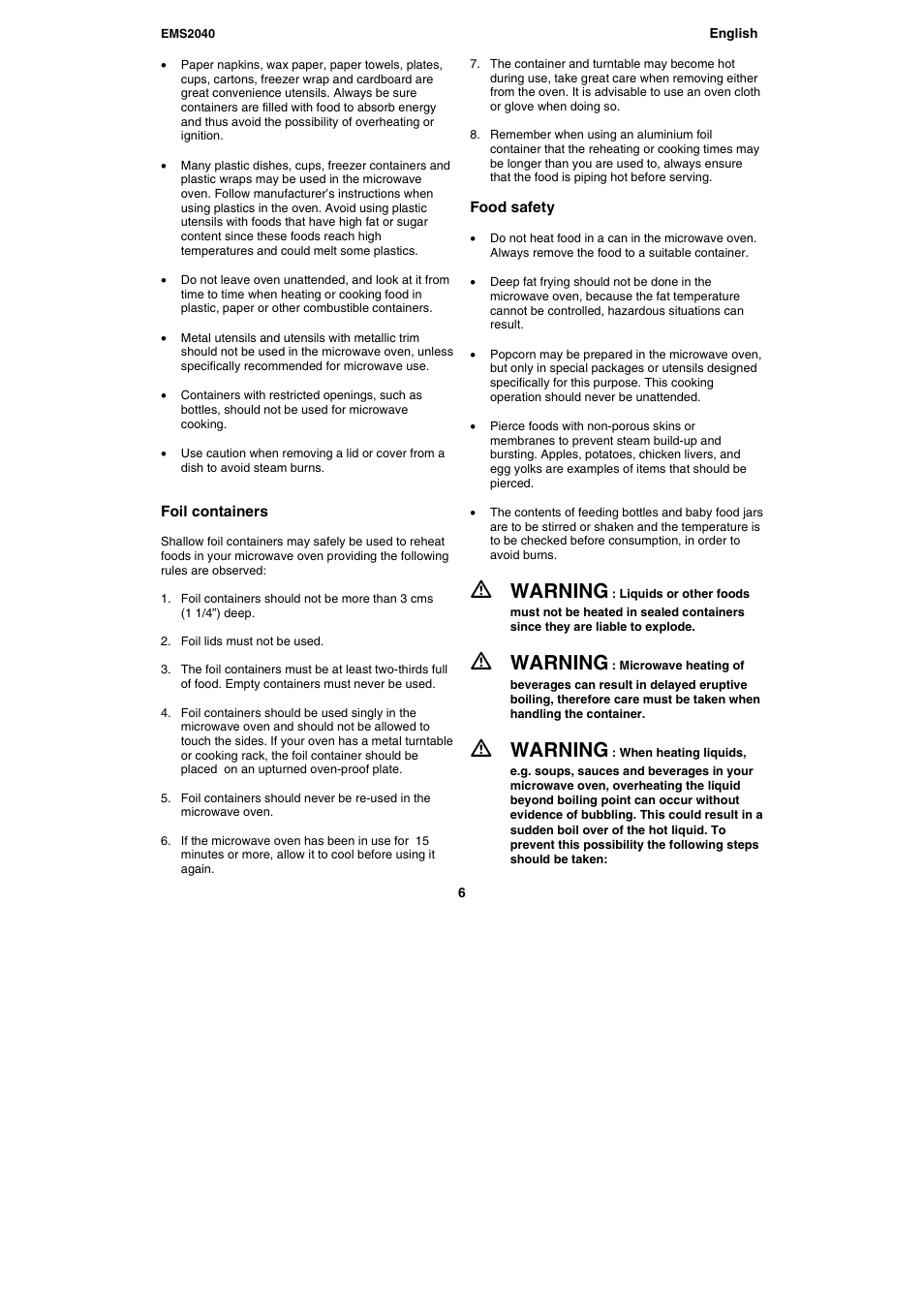 Warning | Electrolux EMS2040 User Manual | Page 6 / 191