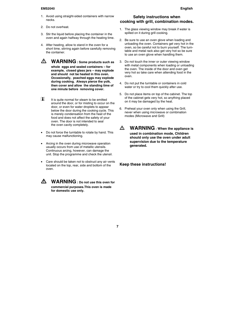 Warning, Ƽ warning | Electrolux EMS2040 User Manual | Page 7 / 191
