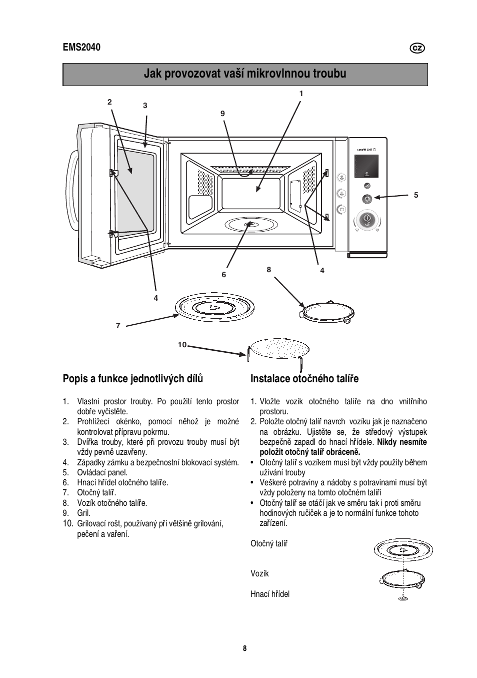 Jak provozovat vaší mikrovlnnou troubu, Popis a funkce jednotlivých díl ů, Instalace oto č ného talí ř e | Electrolux EMS2040 User Manual | Page 72 / 191