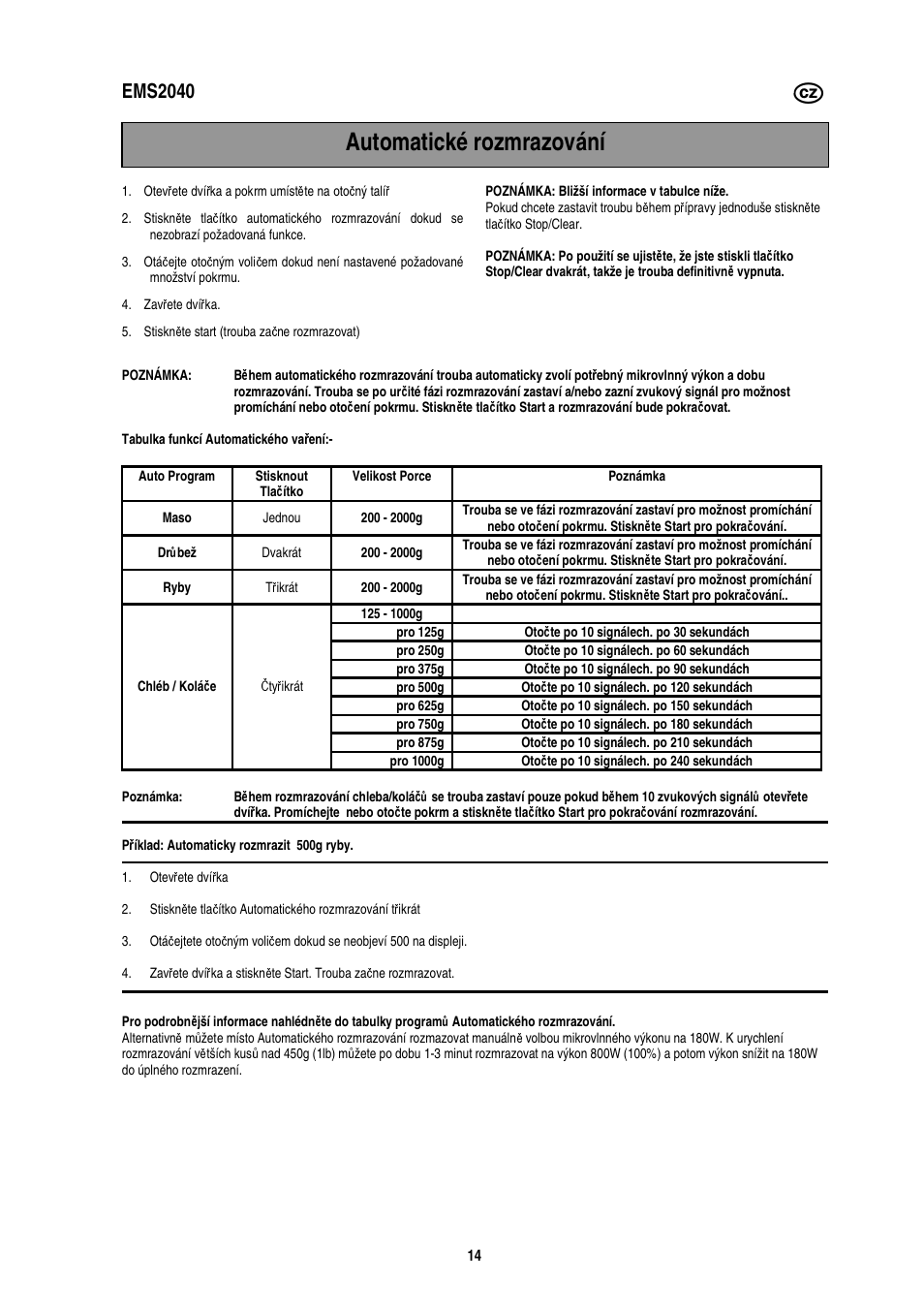 Automatické rozmrazování, Ems2040 | Electrolux EMS2040 User Manual | Page 78 / 191