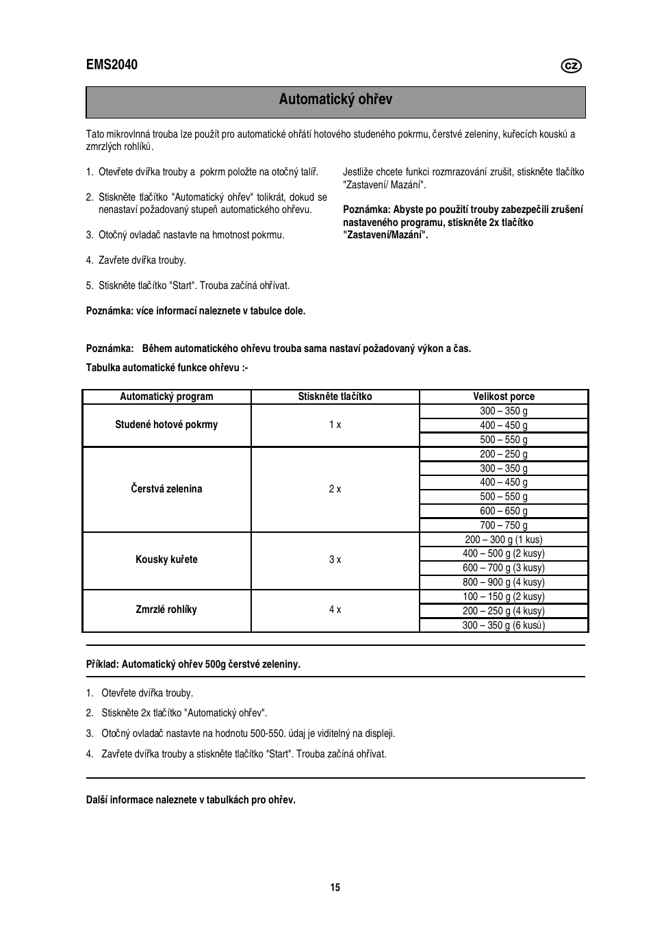 Automatický oh ř ev, Ems2040 | Electrolux EMS2040 User Manual | Page 79 / 191