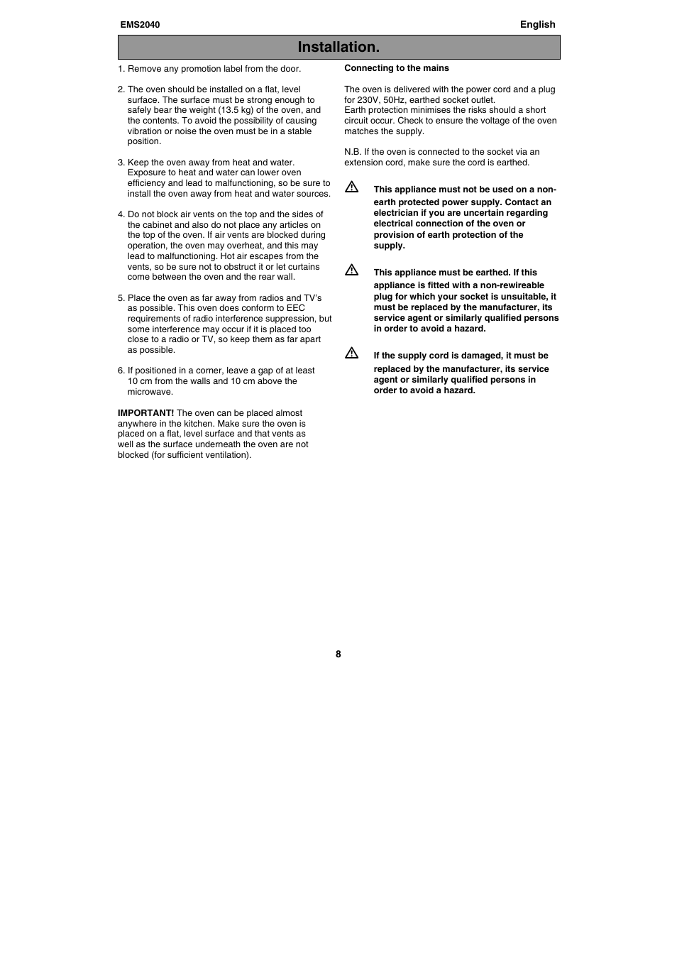 Installation | Electrolux EMS2040 User Manual | Page 8 / 191