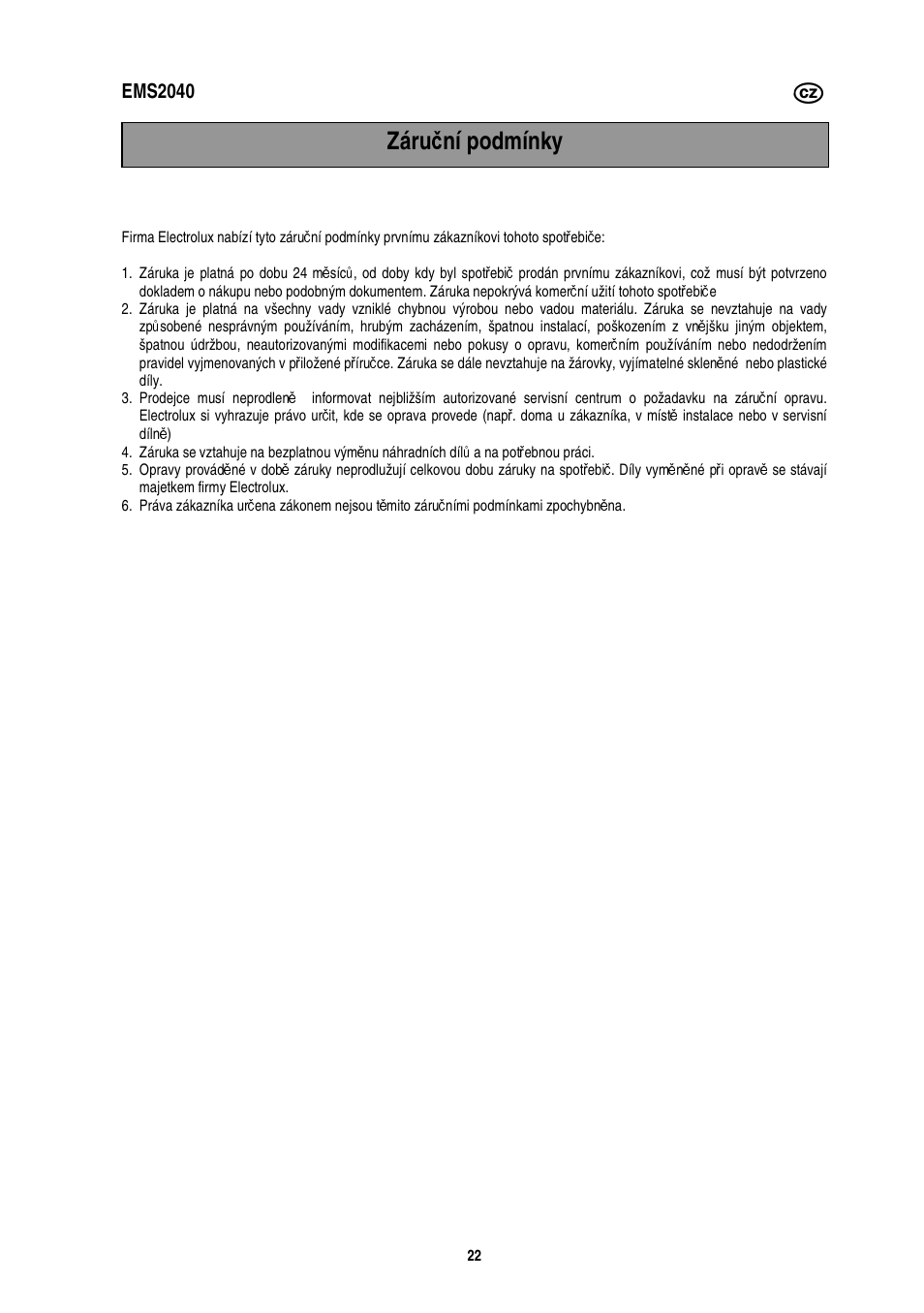 Záru č ní podmínky | Electrolux EMS2040 User Manual | Page 86 / 191