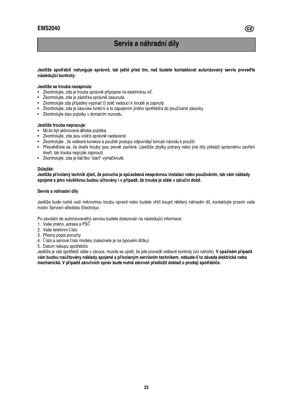 Servis a náhradní díly, Ems2040 | Electrolux EMS2040 User Manual | Page 87 / 191