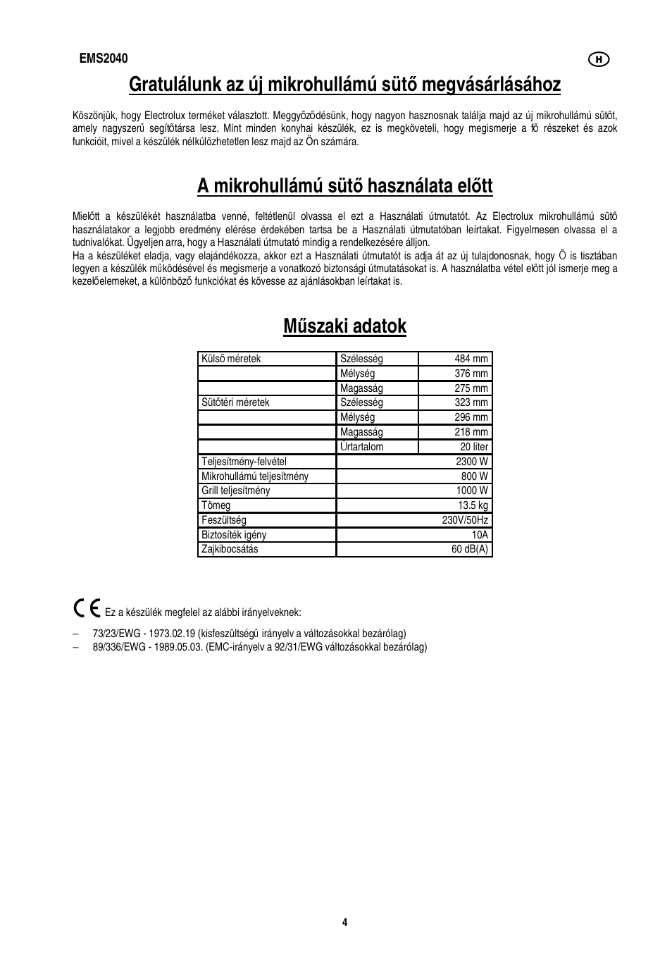 A mikrohullámú süt ő használata el ő tt, Mű szaki adatok | Electrolux EMS2040 User Manual | Page 90 / 191