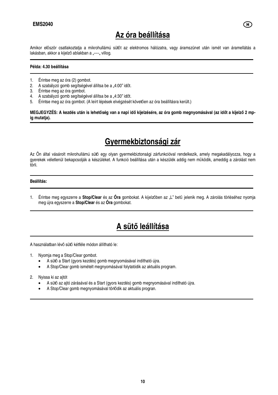 Az óra beállítása, Gyermekbiztonsági zár, A süt ő leállítása | Electrolux EMS2040 User Manual | Page 96 / 191