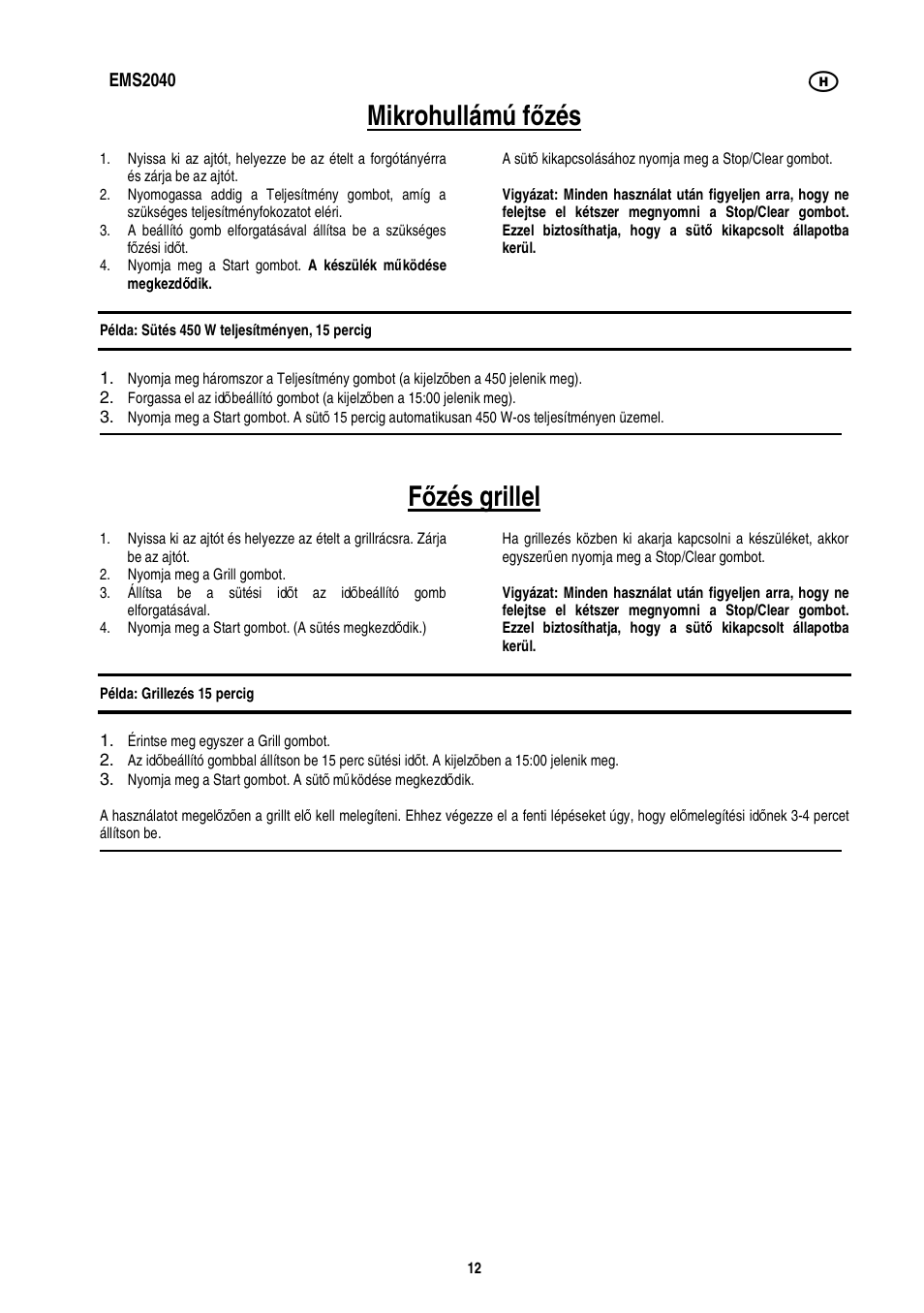 Mikrohullámú f ő zés, Fő zés grillel | Electrolux EMS2040 User Manual | Page 98 / 191