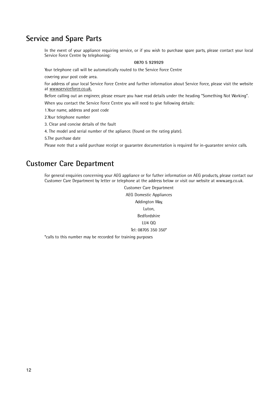 Service and spare parts, Customer care department | Electrolux A 75100 GA3 User Manual | Page 12 / 16