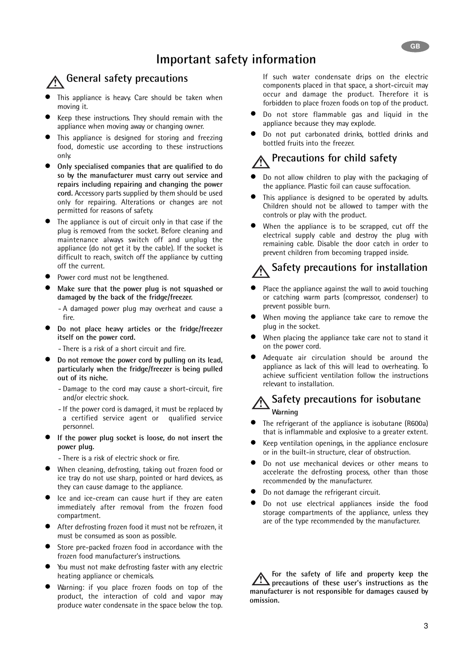 Important safety information, General safety precautions, Precautions for child safety | Safety precautions for installation, Safety precautions for isobutane | Electrolux A 75100 GA3 User Manual | Page 3 / 16