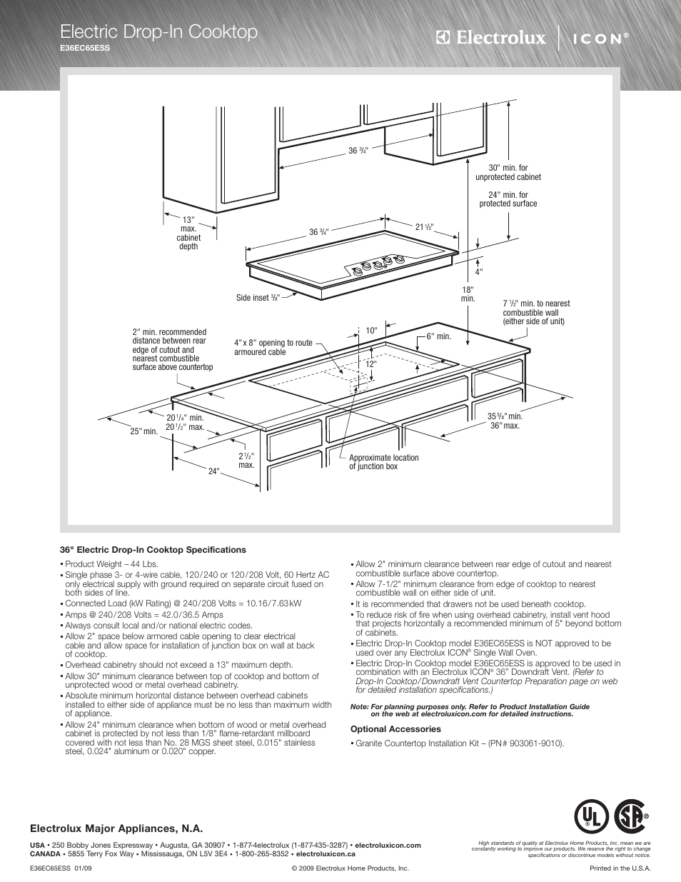 Electric drop-in cooktop, Electrolux major appliances, n.a | Electrolux E30DD75ESS User Manual | Page 2 / 3