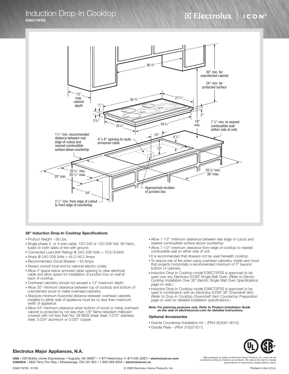 Induction drop-in cooktop, Electrolux major appliances, n.a | Electrolux E30IC75FSS User Manual | Page 2 / 4