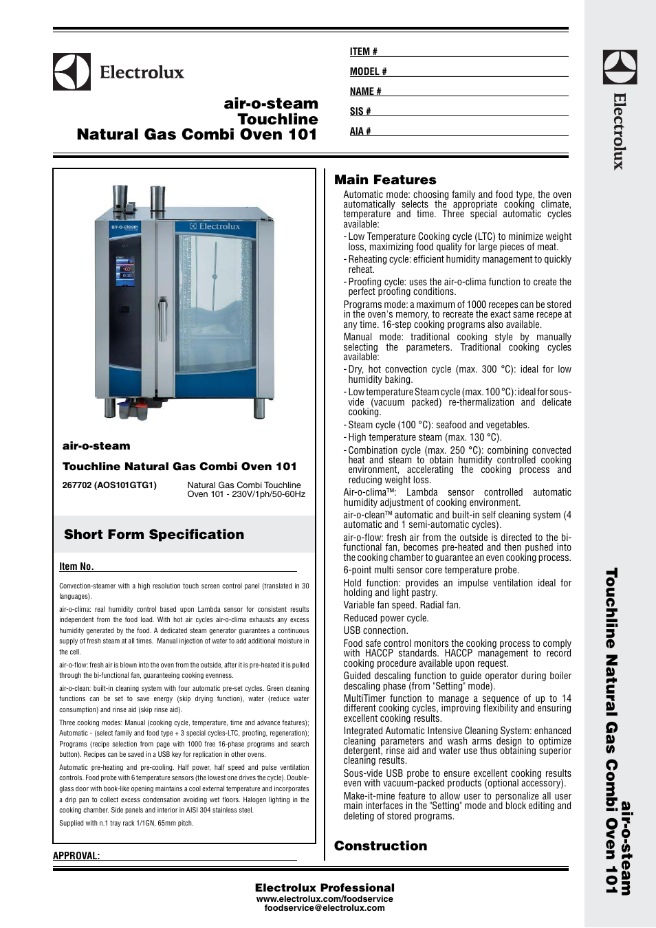 Electrolux Air-O-Steam Touchline Natural Gas Combi Oven 101 267702 User Manual | 4 pages