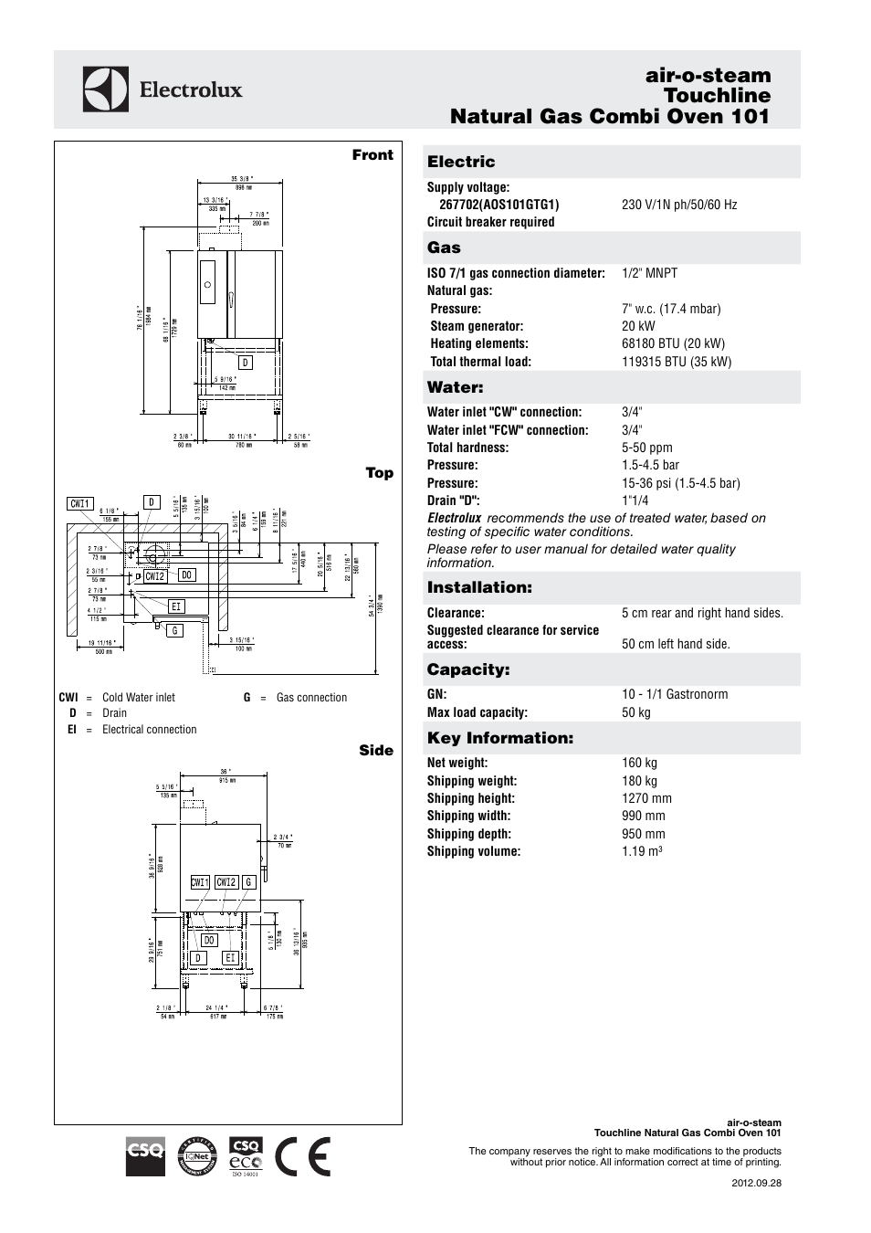 Air-o-steam touchline natural gas combi oven 101 | Electrolux Air-O-Steam Touchline Natural Gas Combi Oven 101 267702 User Manual | Page 3 / 4