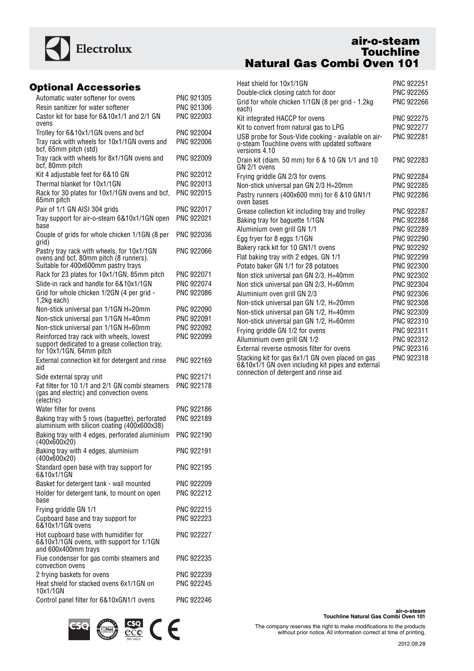 Air-o-steam touchline natural gas combi oven 101, Optional accessories | Electrolux Air-O-Steam Touchline Natural Gas Combi Oven 101 267702 User Manual | Page 4 / 4