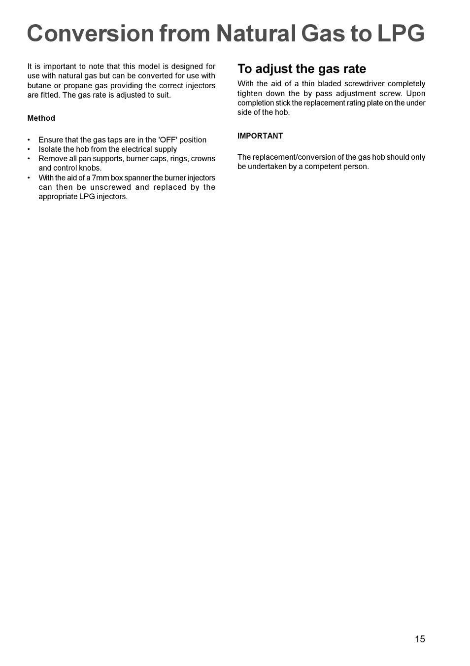 Conversion from natural gas to lpg | Electrolux EHG 770 User Manual | Page 15 / 16
