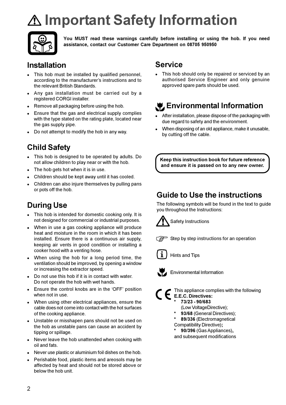 Important safety information, Installation, Child safety | During use, Service, Environmental information, Guide to use the instructions | Electrolux EHG 770 User Manual | Page 2 / 16