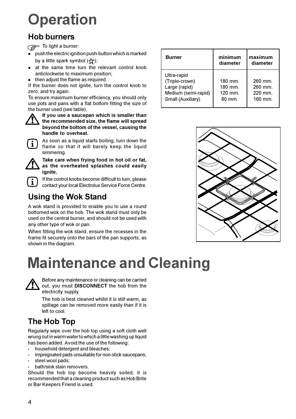 Maintenance and cleaning operation, Hob burners, Using the wok stand | The hob top | Electrolux EHG 770 User Manual | Page 4 / 16