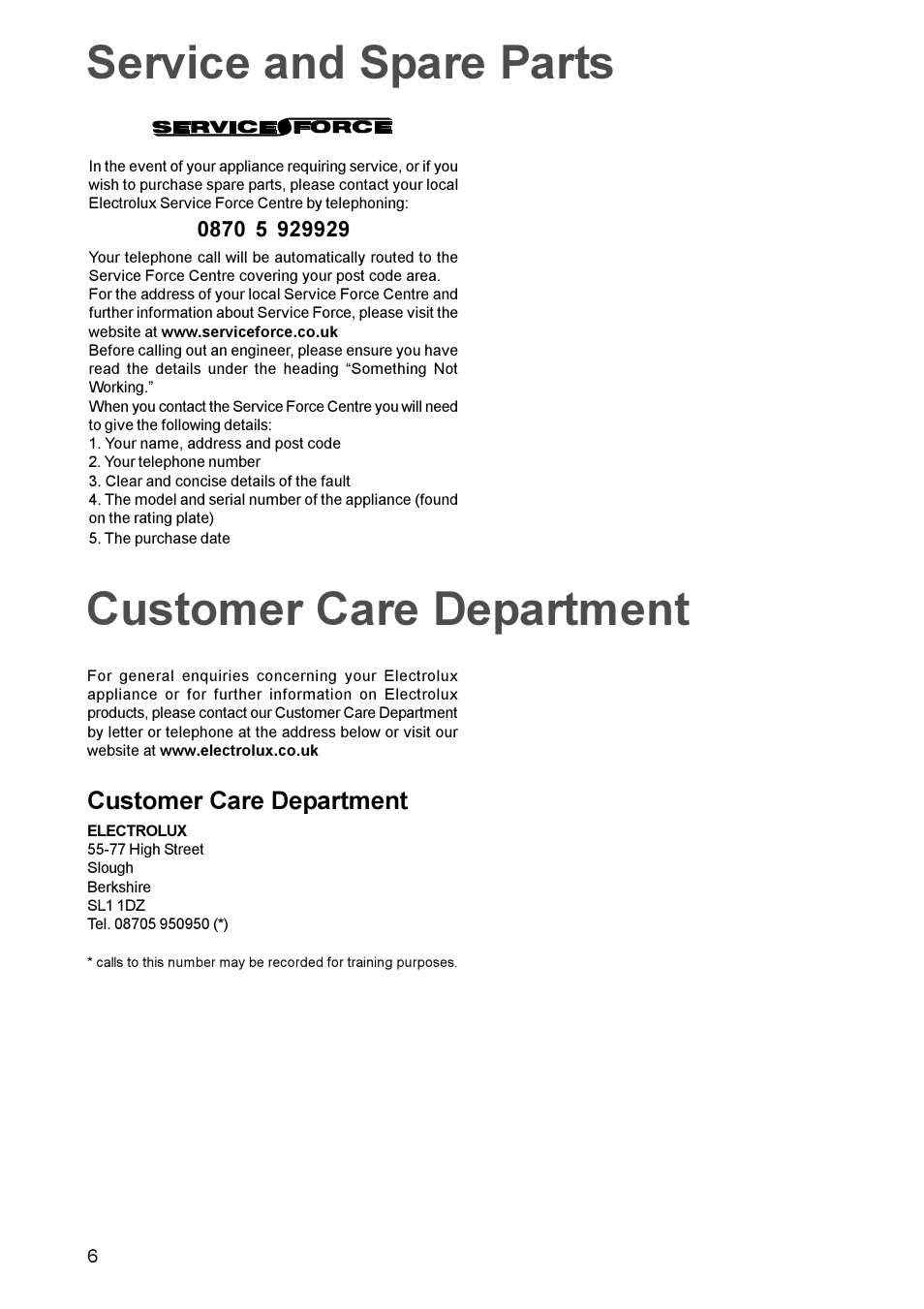 Service and spare parts customer care department, Customer care department | Electrolux EHG 770 User Manual | Page 6 / 16