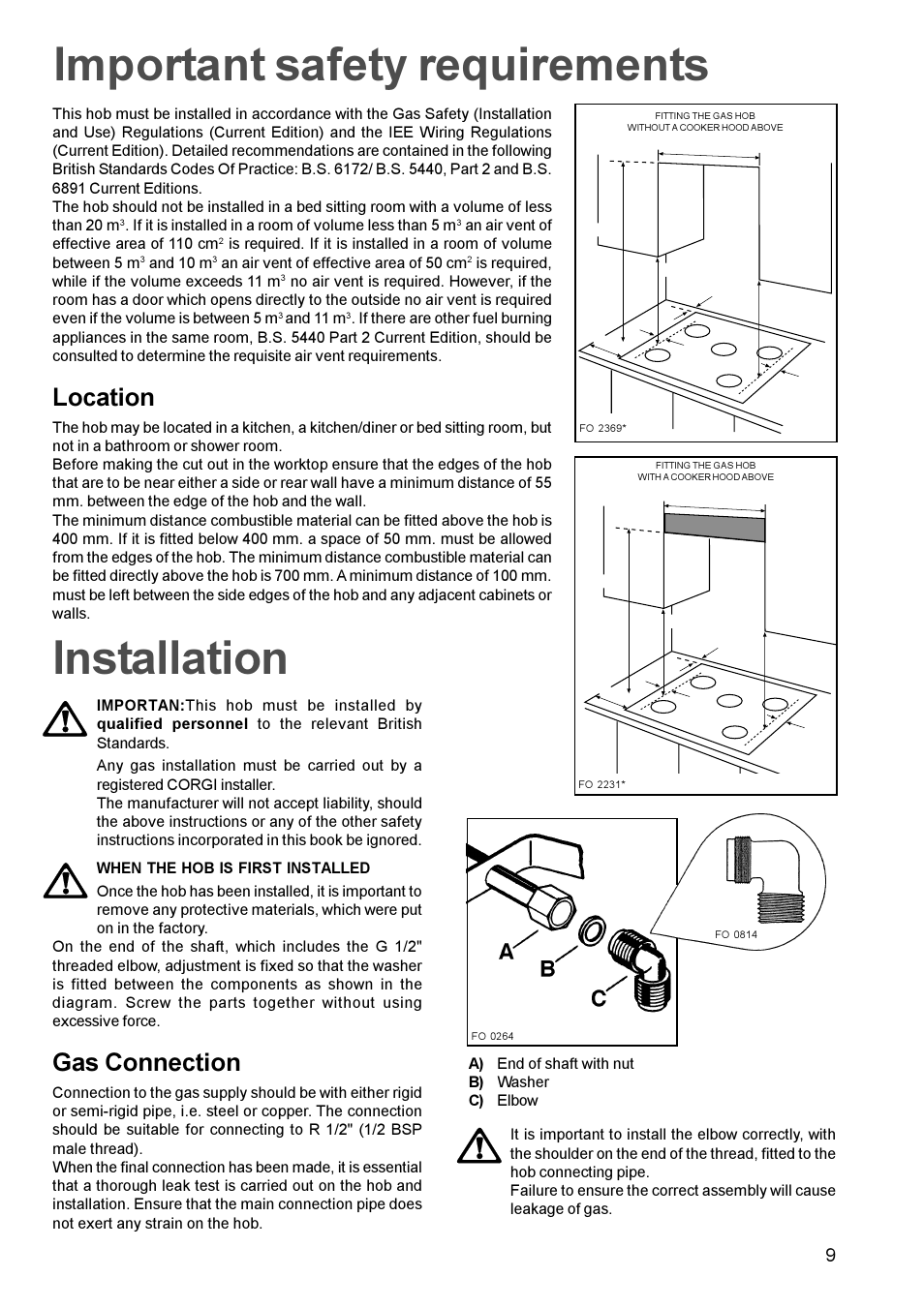 Important safety requirements, Installation, Location | Gas connection | Electrolux EHG 770 User Manual | Page 9 / 16