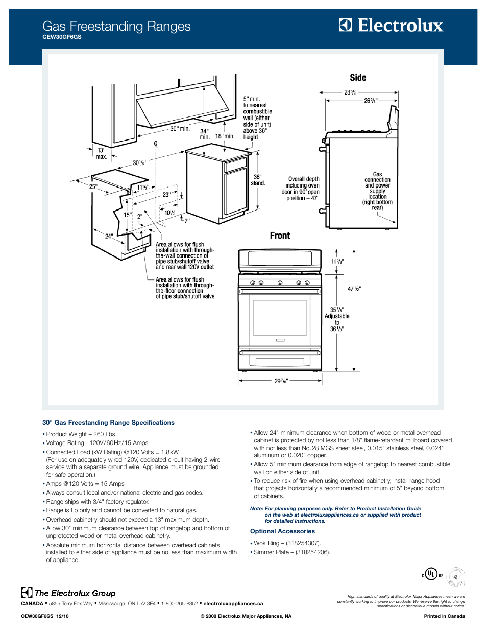 Gas freestanding ranges | Electrolux CEW30GF6GS User Manual | Page 2 / 2