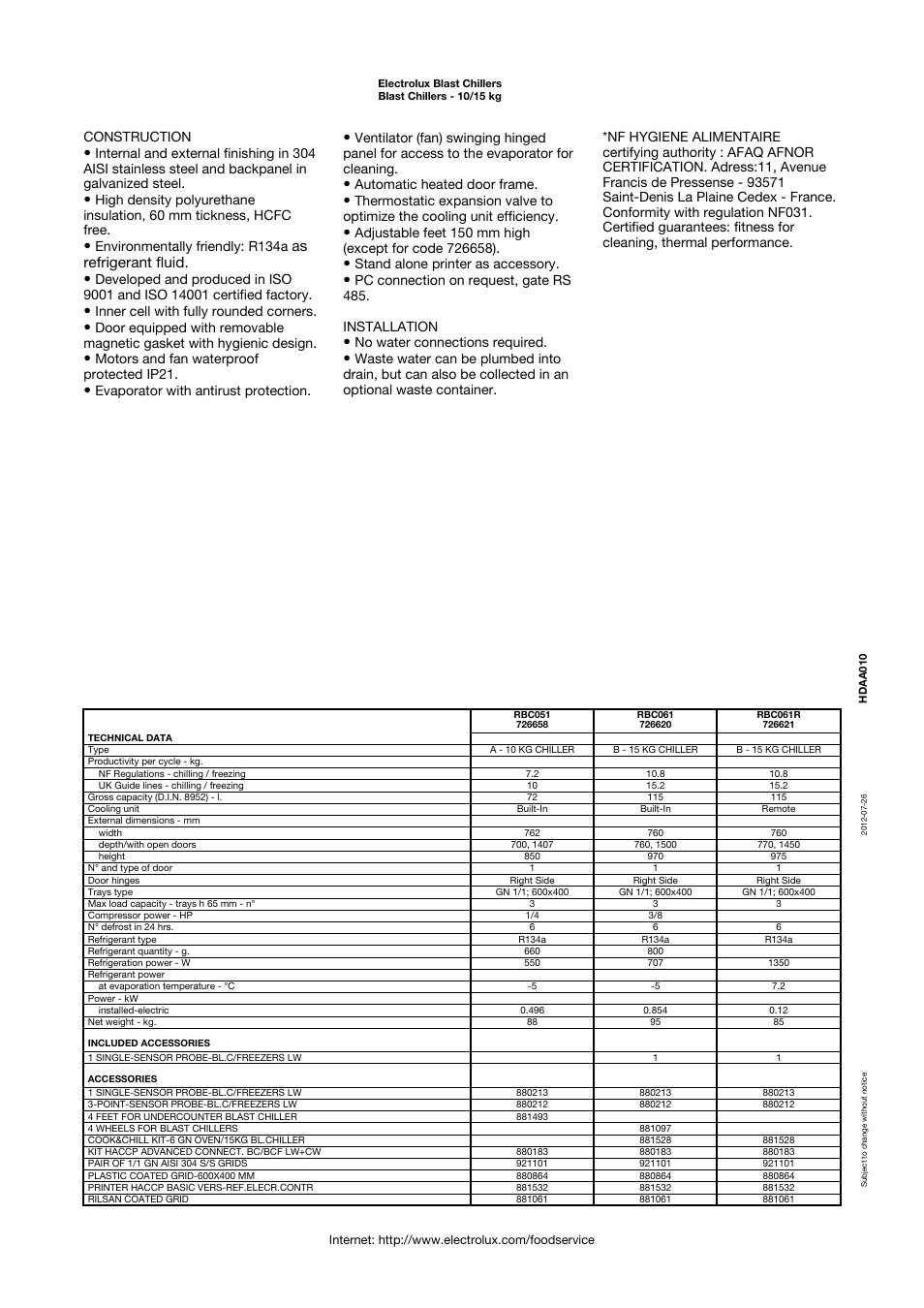 As refrigerant fluid, Construction, Environmentally friendly: r134a | Inner cell with fully rounded corners, Motors and fan waterproof protected ip21, Evaporator with antirust protection, Automatic heated door frame, Stand alone printer as accessory, No water connections required | Electrolux 726658 User Manual | Page 2 / 5