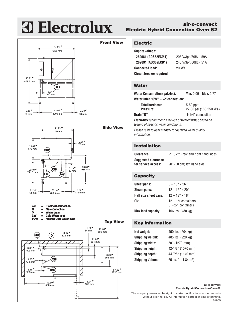 Air-o-convect electric hybrid convection oven 62, Electric, Key information | Water, Installation, Capacity | Electrolux Air-O-Convect AOS62ECB1 User Manual | Page 2 / 2