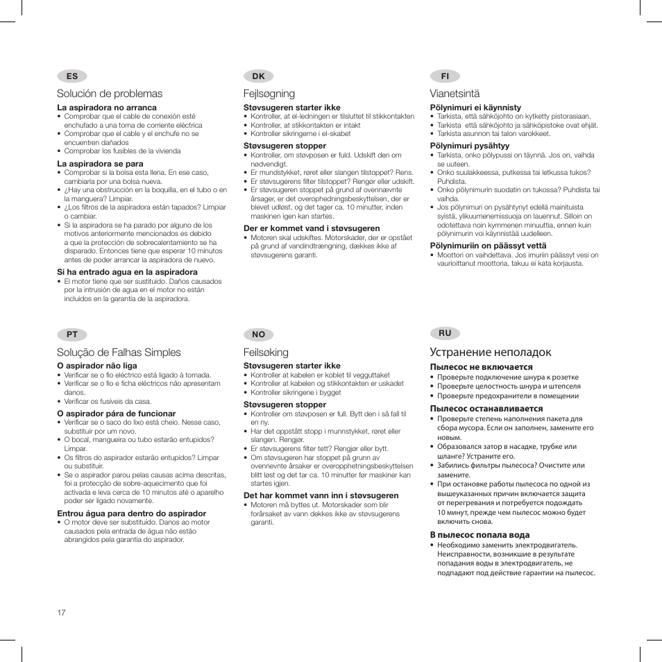 Устранение неполадок, Feilsøking, Fejlsøgning | Vianetsintä, Solución de problemas, Solução de falhas simples | Electrolux PRO Z951 User Manual | Page 17 / 18