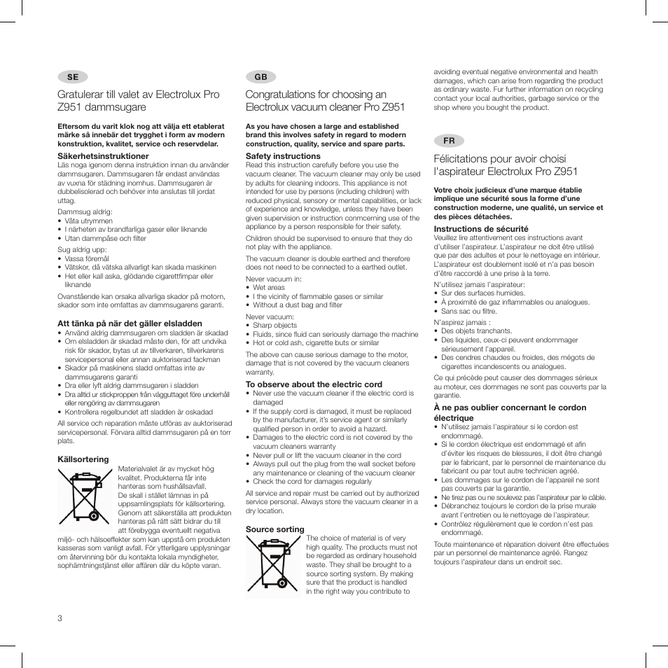 Electrolux PRO Z951 User Manual | Page 3 / 18