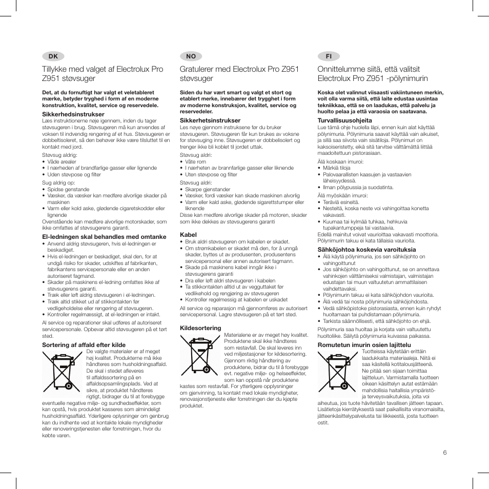 Gratulerer med electrolux pro z951 støvsuger | Electrolux PRO Z951 User Manual | Page 6 / 18