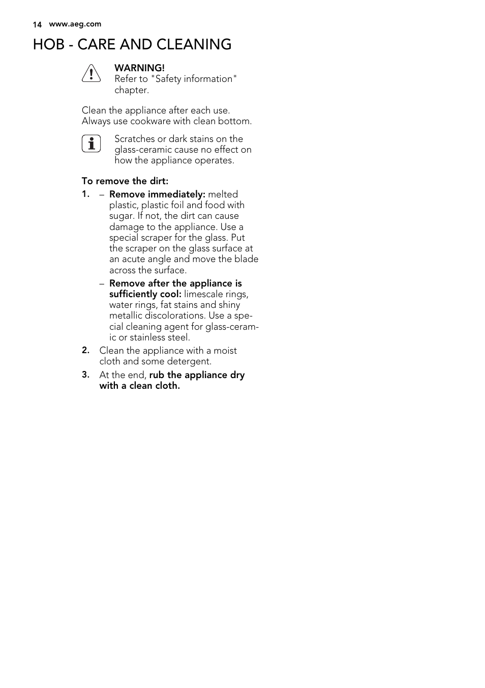 Hob - care and cleaning | AEG 49002VMN User Manual | Page 14 / 44