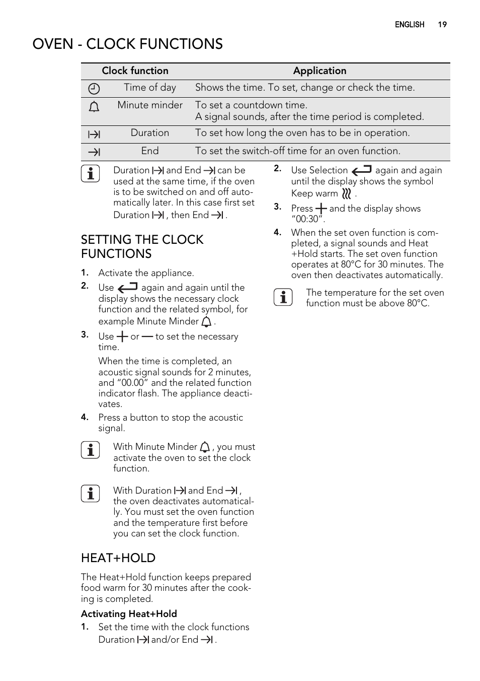 Oven - clock functions, Setting the clock functions, Heat+hold | AEG 49002VMN User Manual | Page 19 / 44
