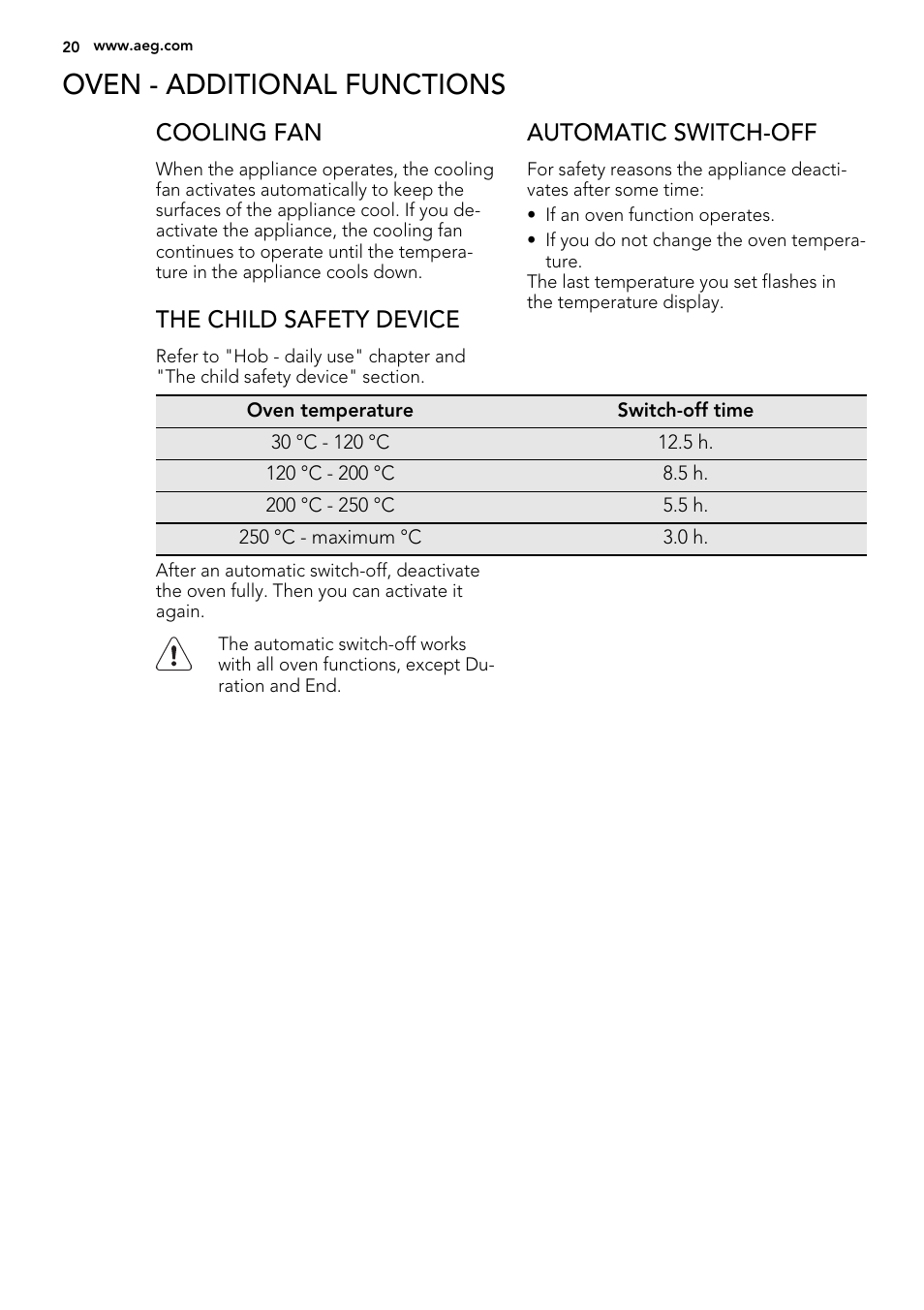 Oven - additional functions, Cooling fan, The child safety device | Automatic switch-off | AEG 49002VMN User Manual | Page 20 / 44