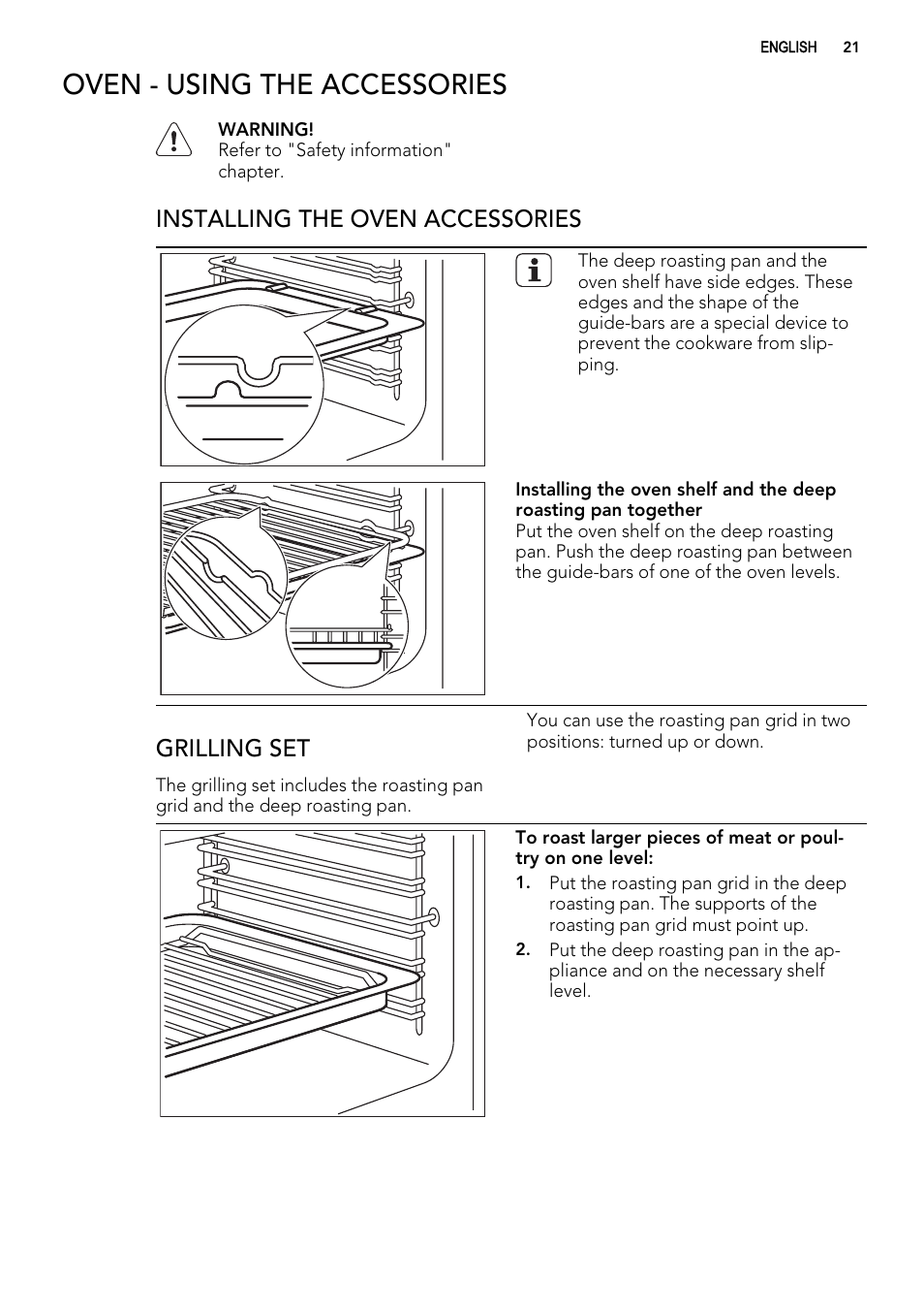 Oven - using the accessories, Installing the oven accessories, Grilling set | AEG 49002VMN User Manual | Page 21 / 44