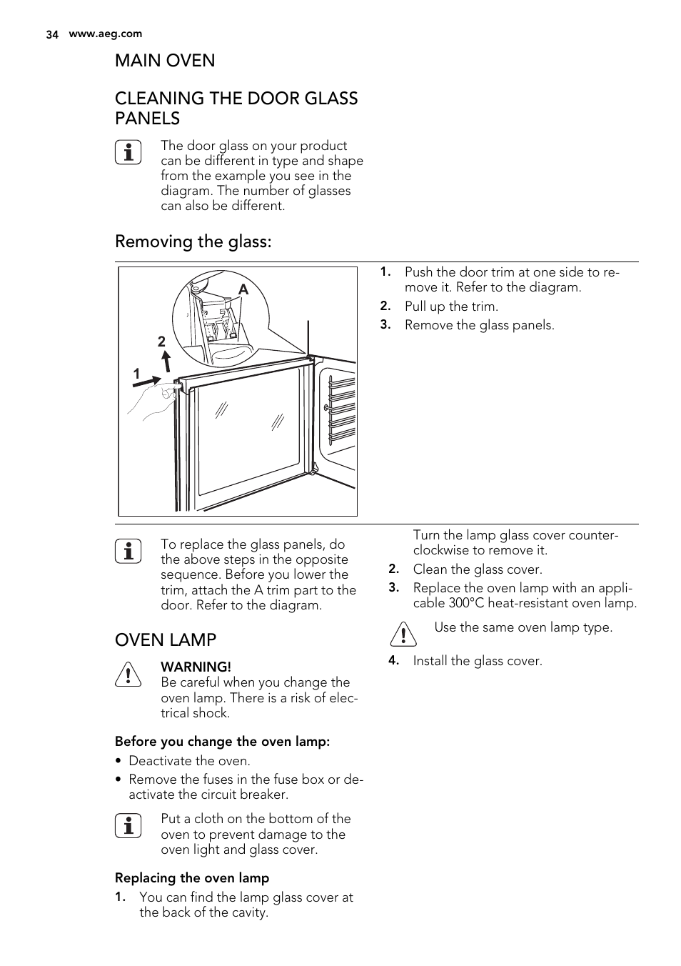 Main oven cleaning the door glass panels, Removing the glass, Oven lamp | AEG 49002VMN User Manual | Page 34 / 44