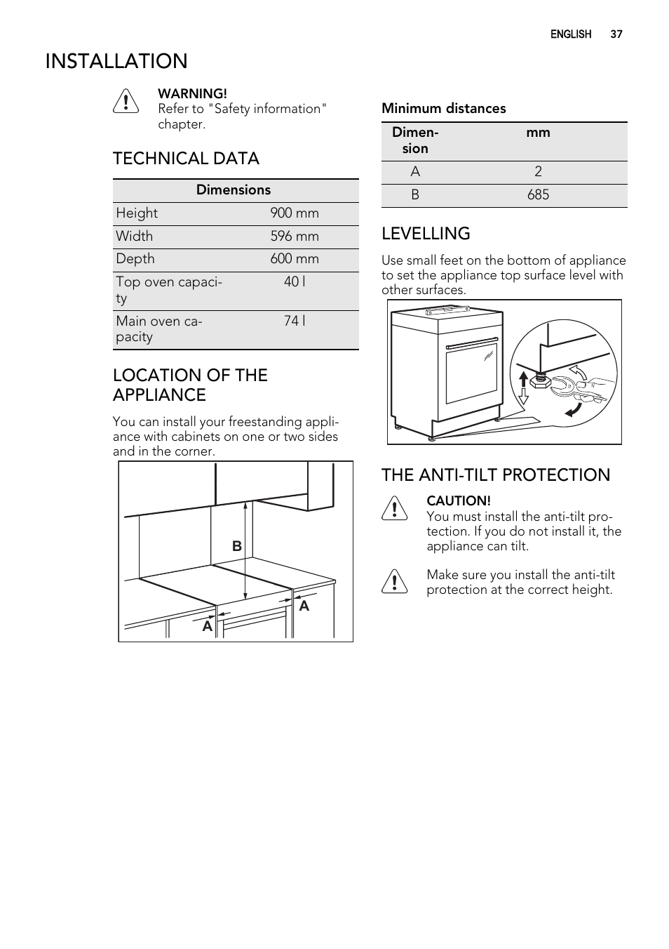 Installation, Technical data, Location of the appliance | Levelling, The anti-tilt protection | AEG 49002VMN User Manual | Page 37 / 44