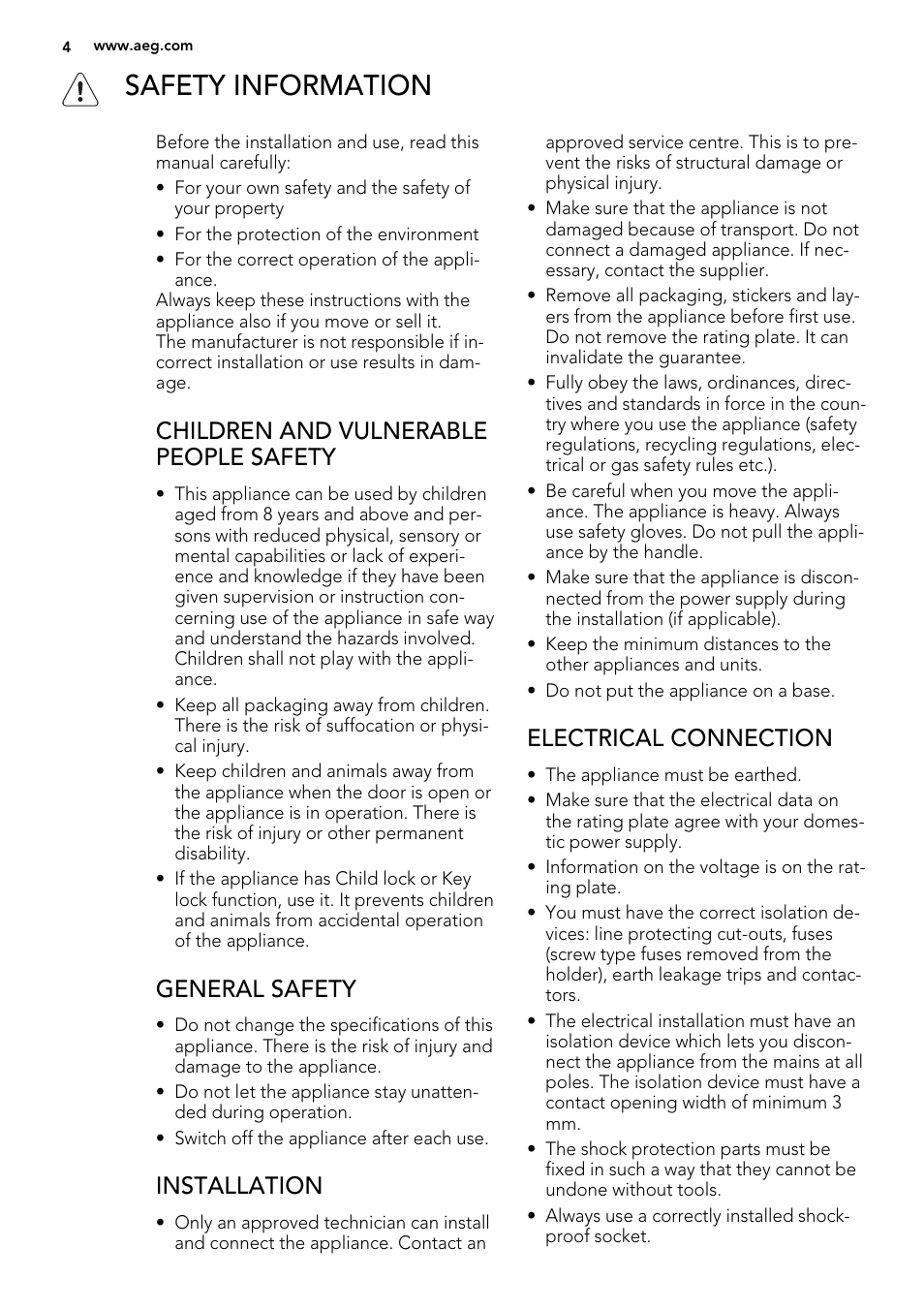 Safety information, Children and vulnerable people safety, General safety | Installation, Electrical connection | AEG 49002VMN User Manual | Page 4 / 44