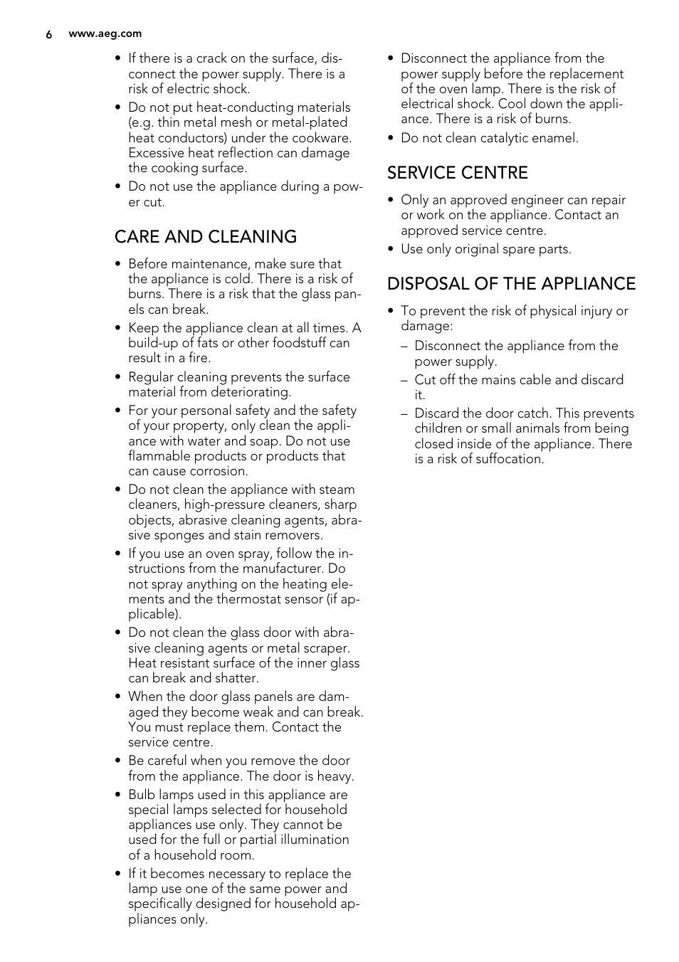 Care and cleaning, Service centre, Disposal of the appliance | AEG 49002VMN User Manual | Page 6 / 44