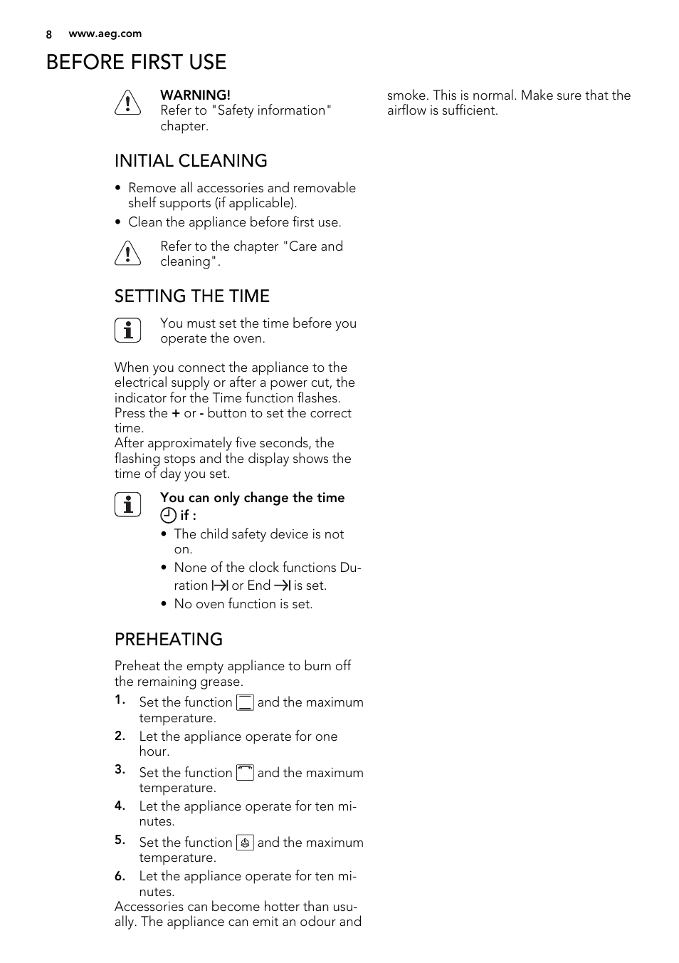 Before first use, Initial cleaning, Setting the time | Preheating | AEG 49002VMN User Manual | Page 8 / 44