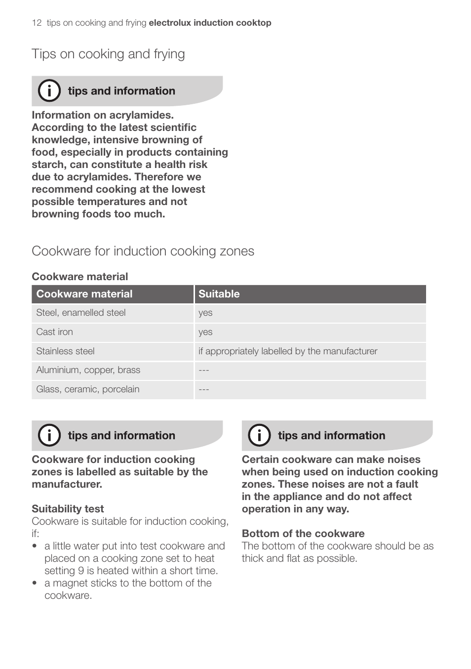 Cookware for induction cooking zones, Tips on cooking and frying | Electrolux EHD90LLUM User Manual | Page 16 / 30