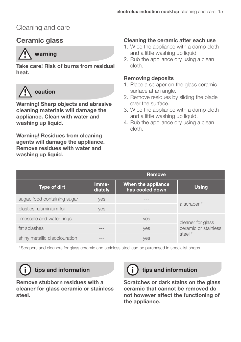 Ceramic glass, Cleaning and care | Electrolux EHD90LLUM User Manual | Page 19 / 30