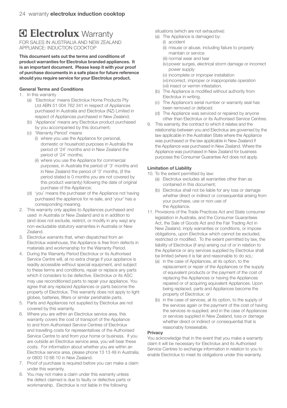 Warranty, 24 warranty electrolux induction cooktop | Electrolux EHD90LLUM User Manual | Page 28 / 30