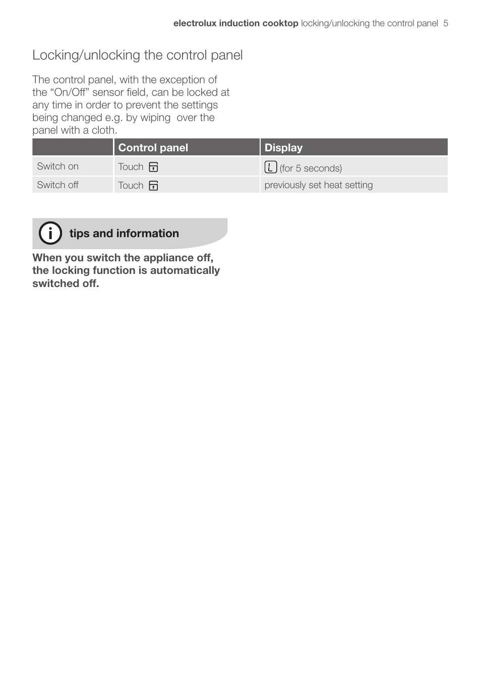 Locking/unlocking the control panel | Electrolux EHD90LLUM User Manual | Page 9 / 30