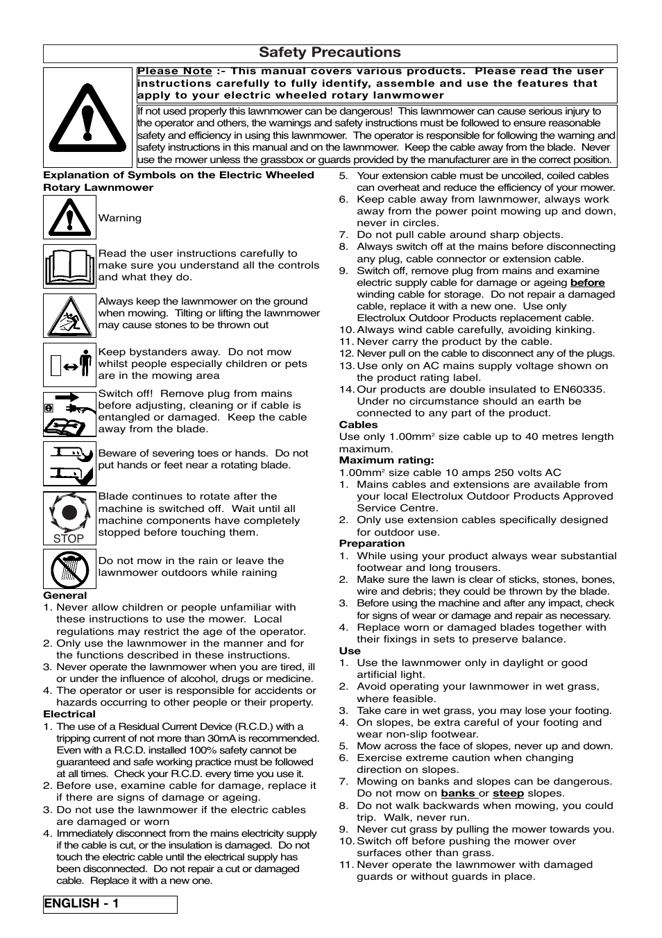 Safety precautions, English - 1 | Electrolux ELECTRIC WHEELED Rotary Lawnmower User Manual | Page 4 / 8