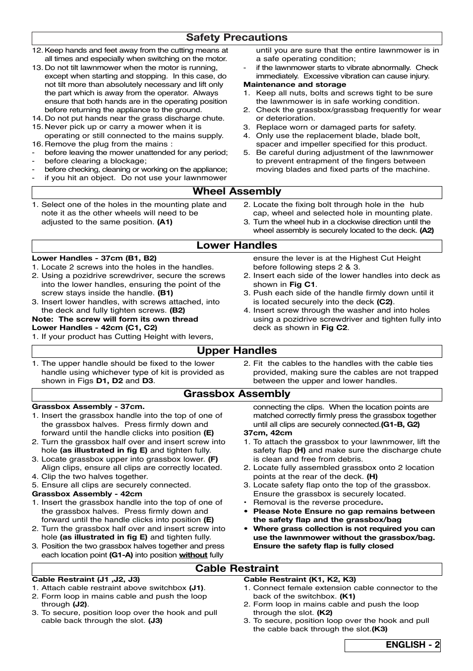 Safety precautions, Wheel assembly, Lower handles upper handles | Grassbox assembly, Cable restraint, English - 2 | Electrolux ELECTRIC WHEELED Rotary Lawnmower User Manual | Page 5 / 8