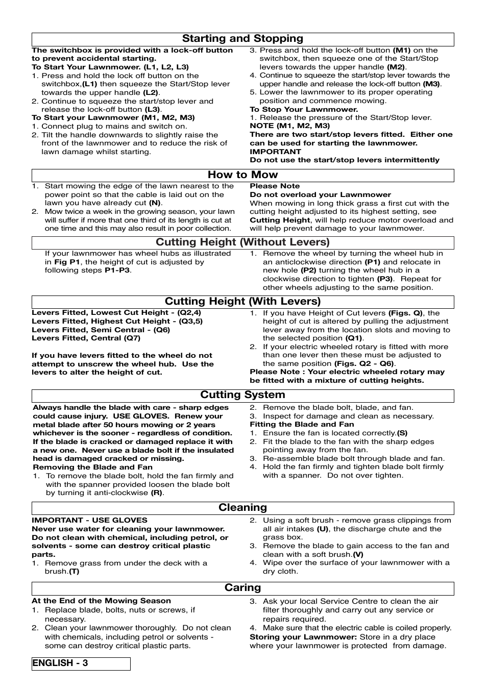 Cutting height (without levers), Cutting height (with levers), Cutting system cleaning caring | Starting and stopping how to mow, English - 3 | Electrolux ELECTRIC WHEELED Rotary Lawnmower User Manual | Page 6 / 8