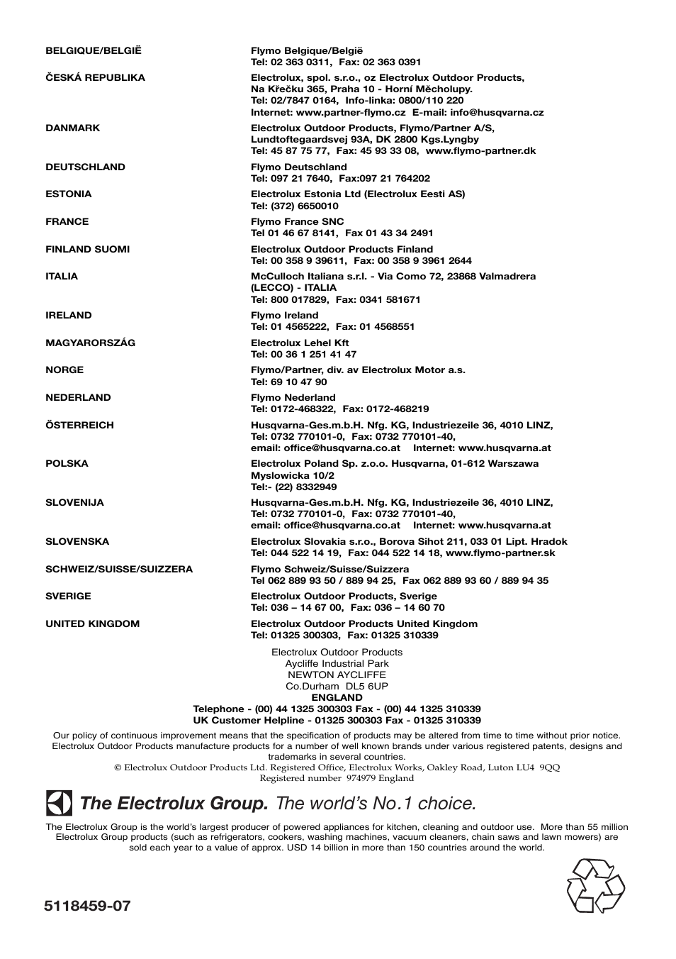 The electrolux group. the world’s no.1 choice | Electrolux ELECTRIC WHEELED Rotary Lawnmower User Manual | Page 8 / 8