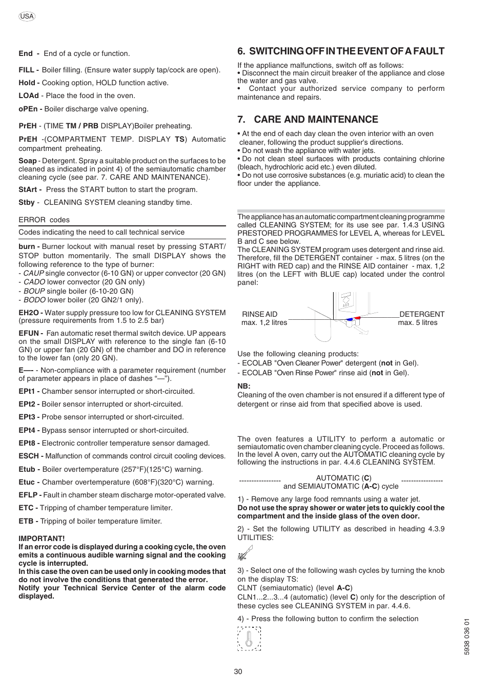 Switching off in the event of a fault, Care and maintenance | Electrolux 269555 User Manual | Page 30 / 32