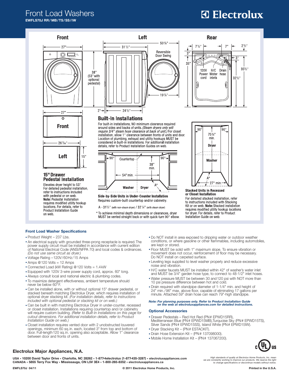 Front load washers, Electrolux major appliances, n.a | Electrolux EWFLS70J User Manual | Page 2 / 2